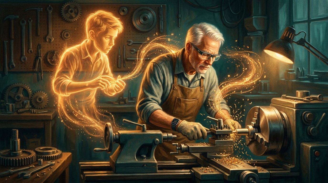Mestre torneiro com óculos inteligentes ensinando um aprendiz de luz