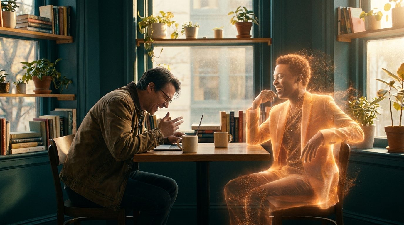 Humano conversando com colega sintético de luz âmbar