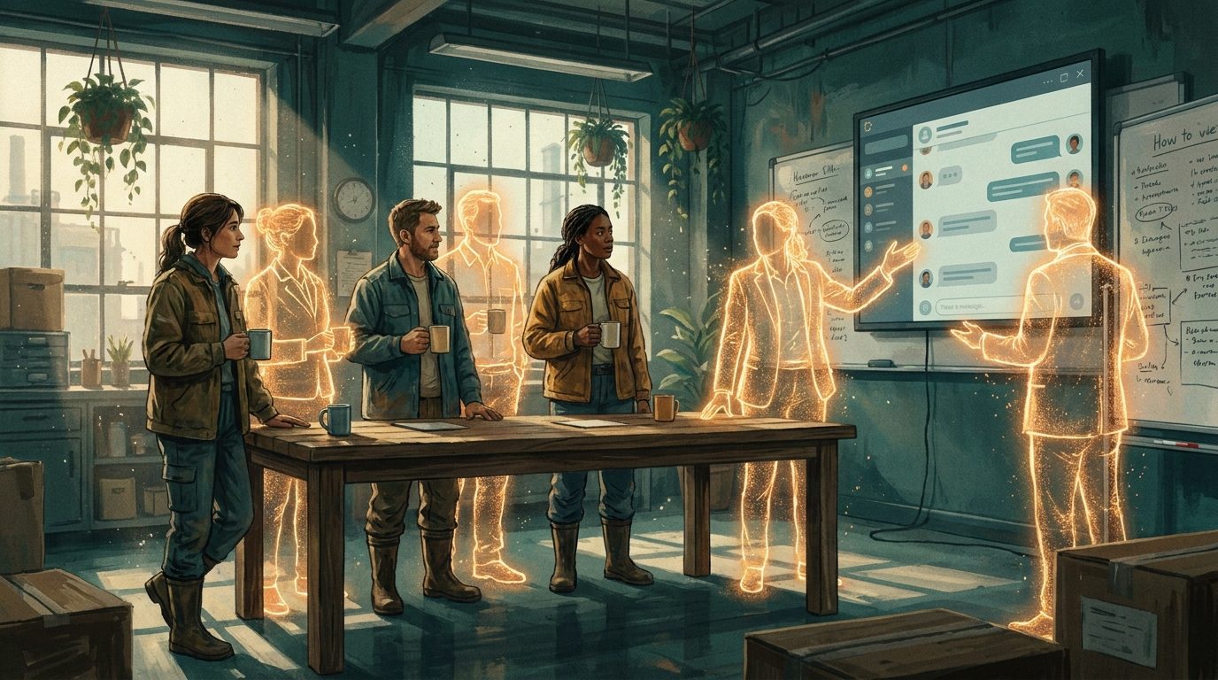 Equipe híbrida em reunião: humanos e colegas sintéticos