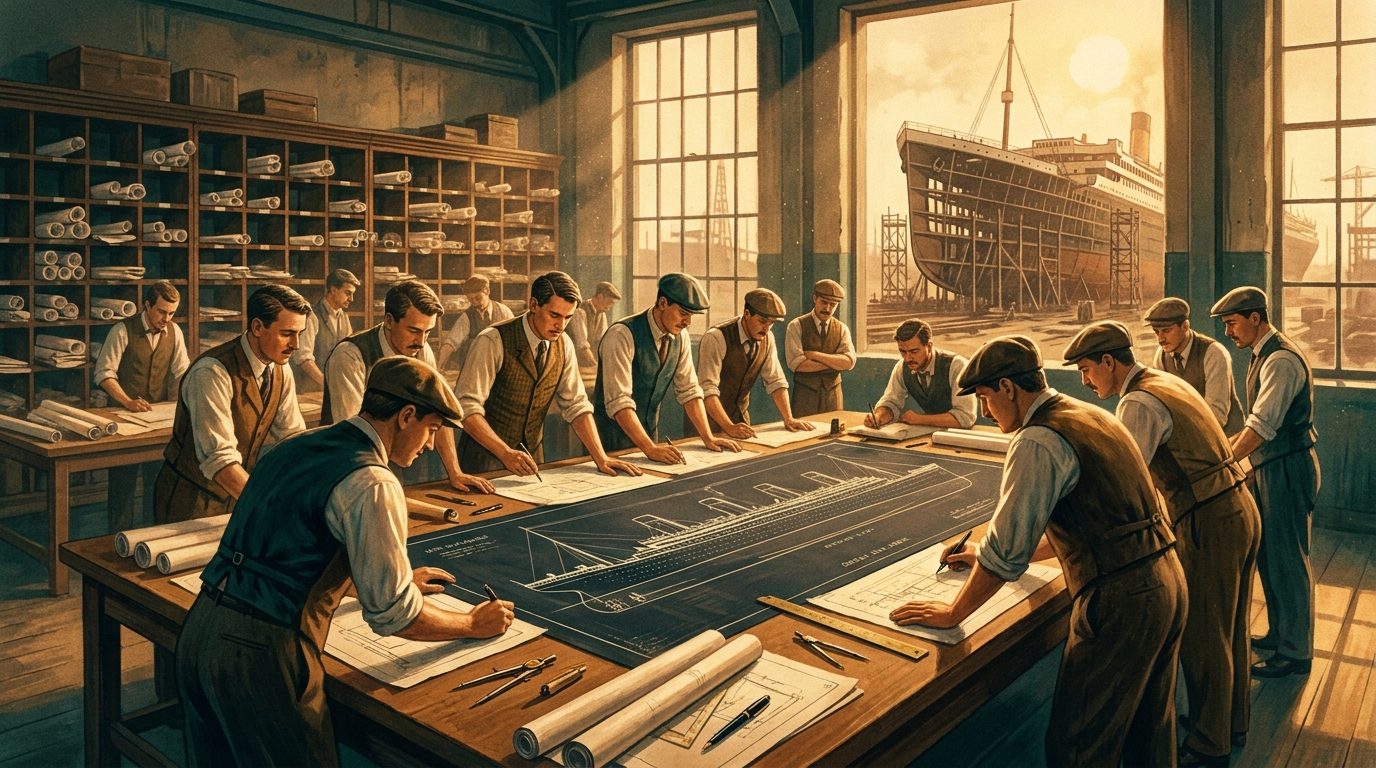 Engenheiros de 1910 desenhando um navio a nanquim