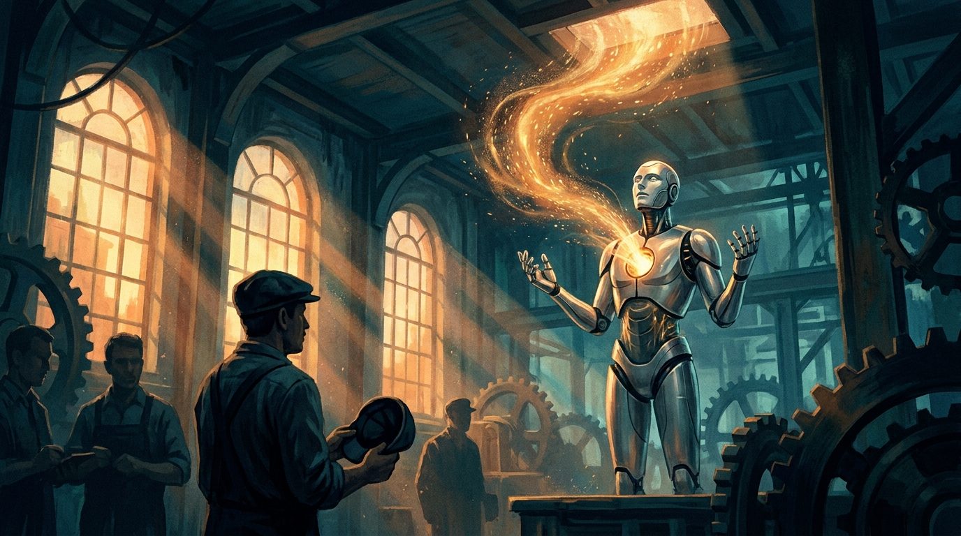 Alma de luz âmbar descendo sobre um robô humanoide