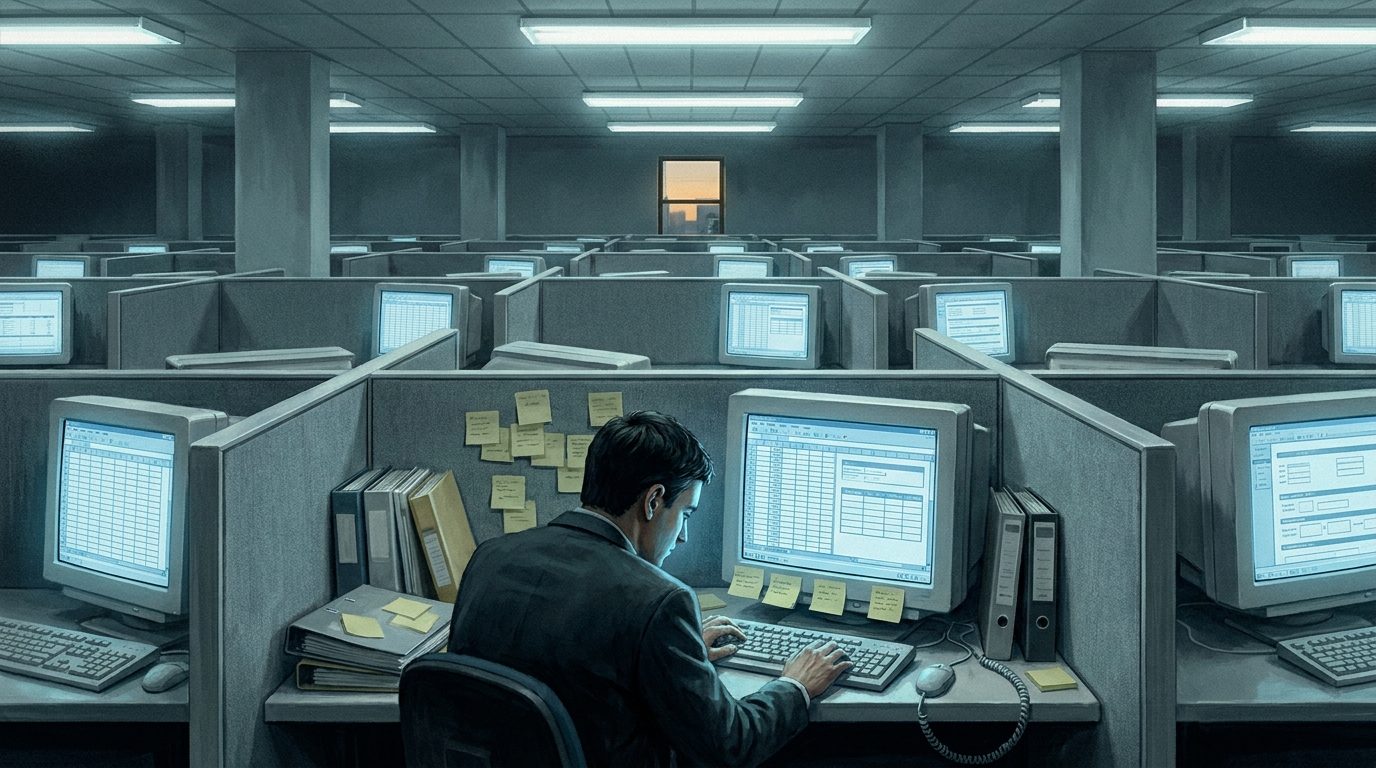 Escritório de cubículos anos 2000, luz fria