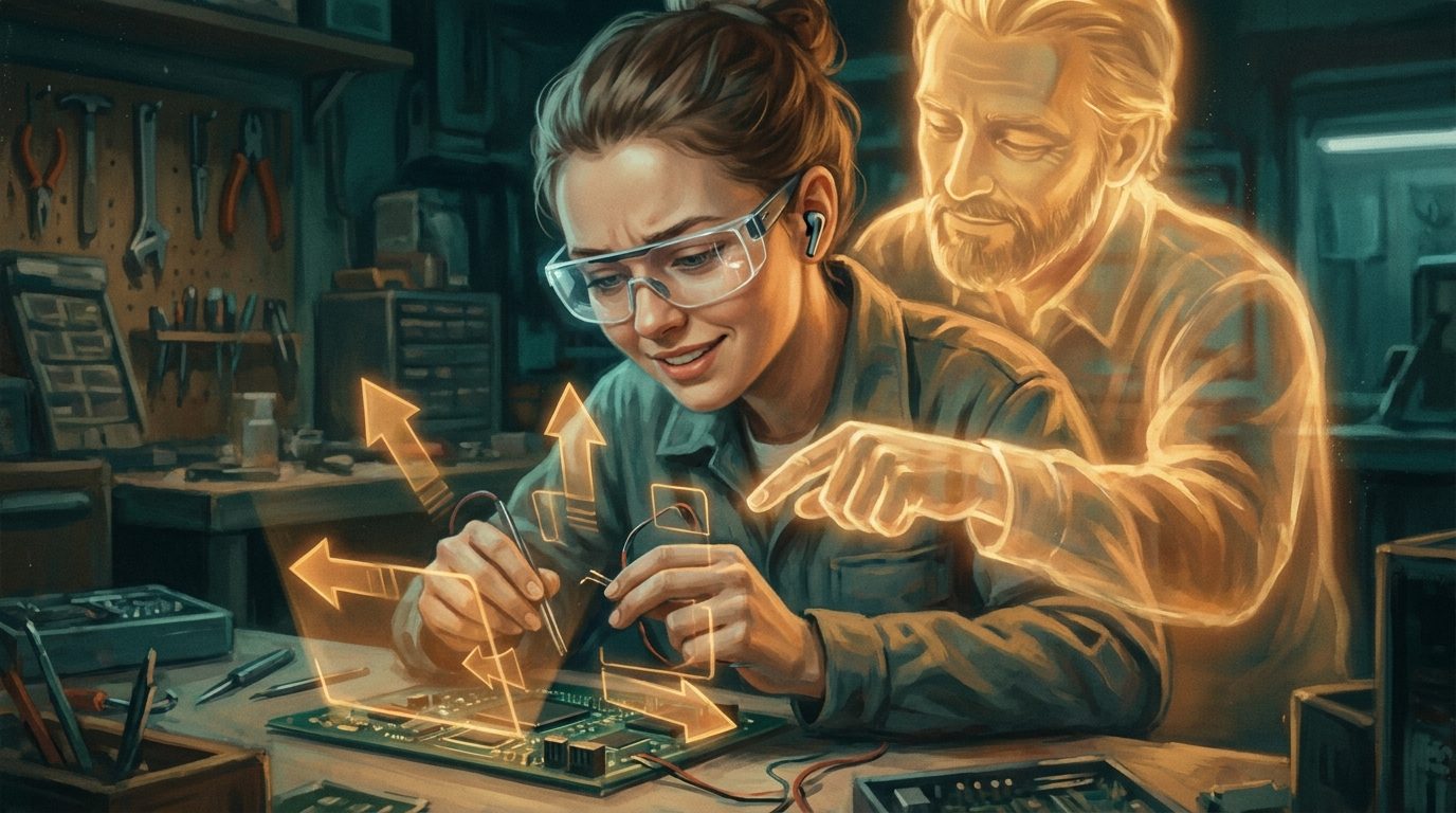 Jovem operária guiada por hologramas âmbar e um mentor de luz